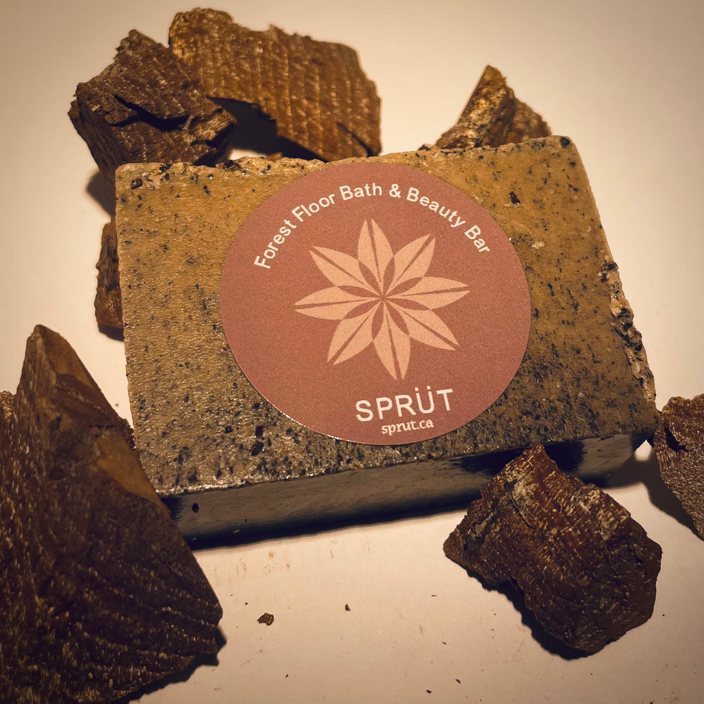 Bar of soap with a 'Sprüt' label surrounded by pieces of chaga on a neutral background