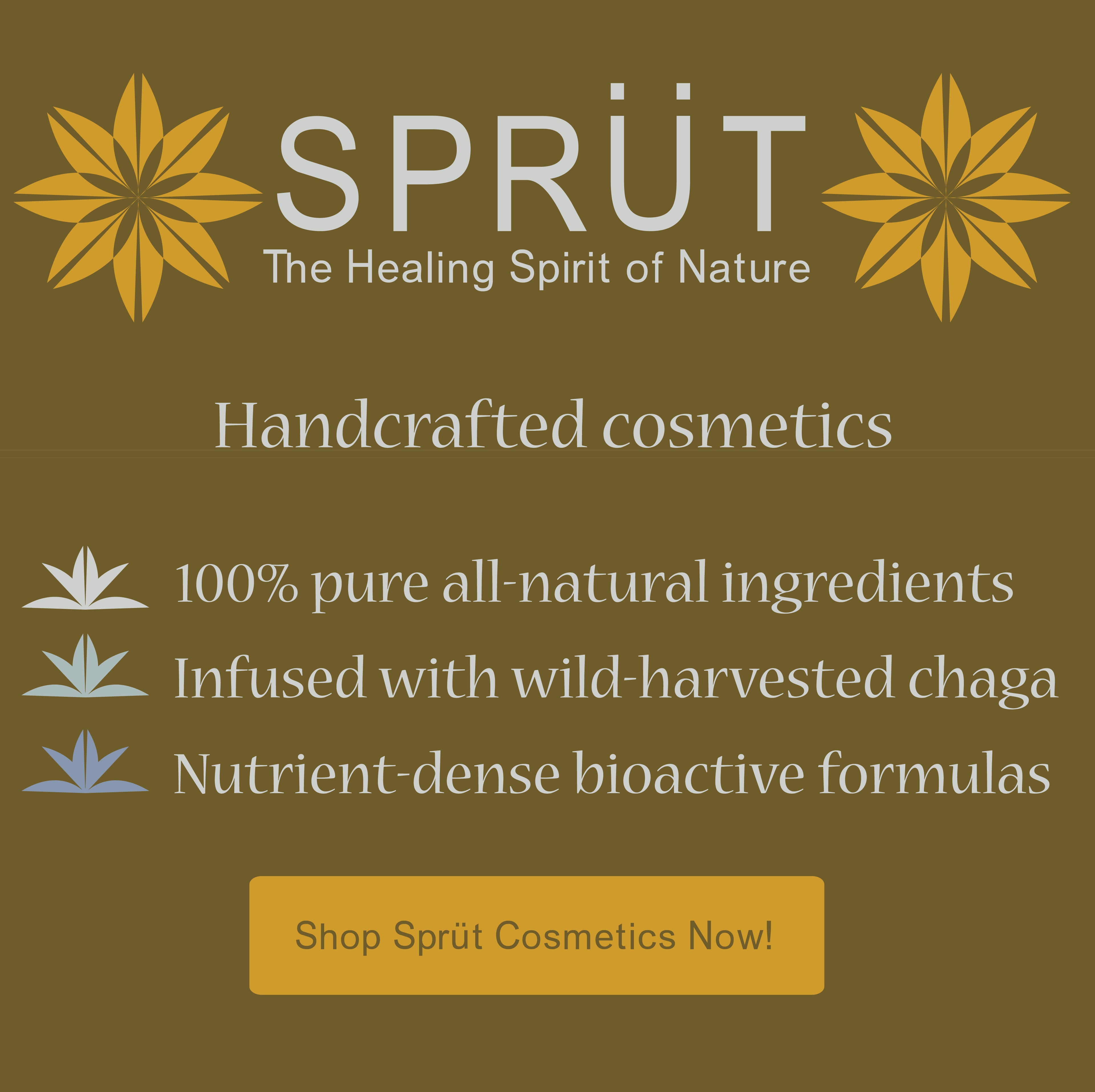 Sprüt cosmetic brand advertisement with natural ingredients prepared locally in Canada using chaga mushroom infusion on a brown background.