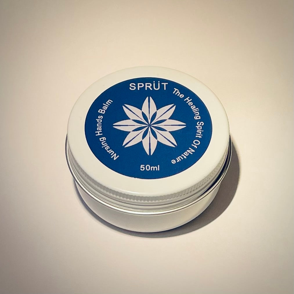 Product label for Sprüt nursing hands balm showing brand logo and text