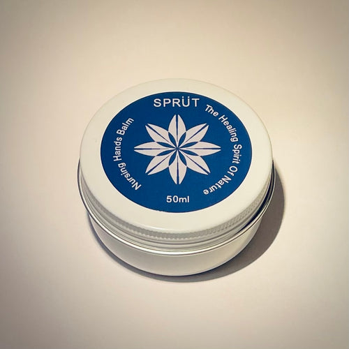 Product label for Sprüt nursing hands balm showing brand logo and text