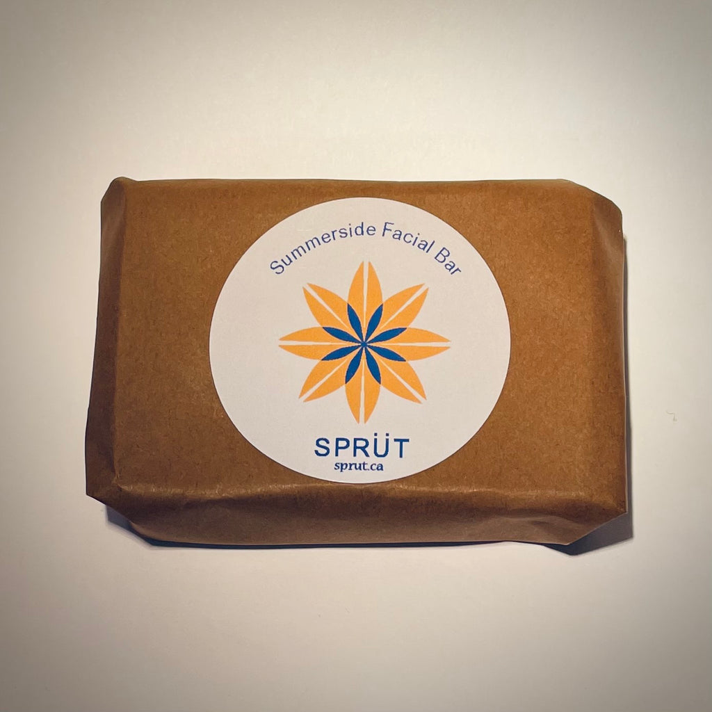 Brown paper-wrapped soap with a circular brand label featuring an eight pointed star design and text on a neutral background