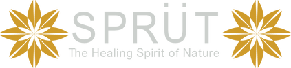 Logo of Sprüt cosmetics and brand design elements on a white background with the company tagline "the healing spirit of nature"