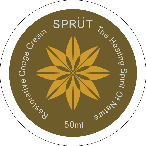 Round label for Sprüt Restorative Chaga Cream with star-like logo brand design and text on a brown background