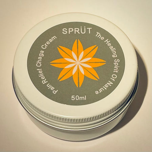 Container of Sprut Pain Relief Chaga Cream with signature star-shaped brand logo on a neutral background