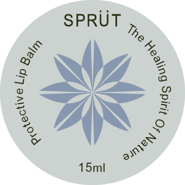 Sprüt lip balm label with brand logo design on a white background