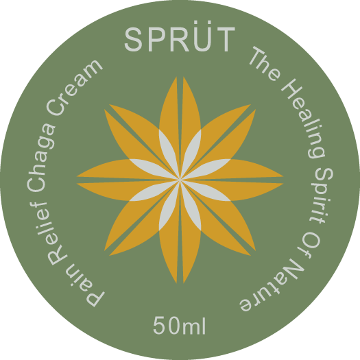 Product label for Sprüt Pain Relief Chaga Cream with brand logo and text about natural healing