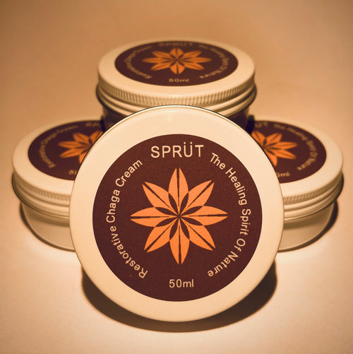 [Close up product shot] of [Sprut Restorative Chaga Cream] showing [Logo and typeface]